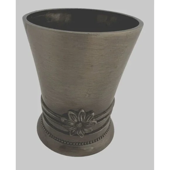 Pewter Finish Metal Bathroom‎ Tumbler Wastebasket Floral Relief Beaded Trim Gray