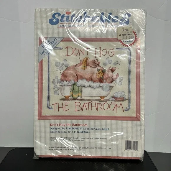 Cross Stitch Dimensions Kit Plus Frame Don't Hog the Bathroom 72101 Vintage NEW