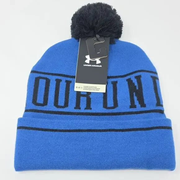 Under Armour Pom Beanie Hat Blue Black NWT ColdGear Winter Knit Cuffed