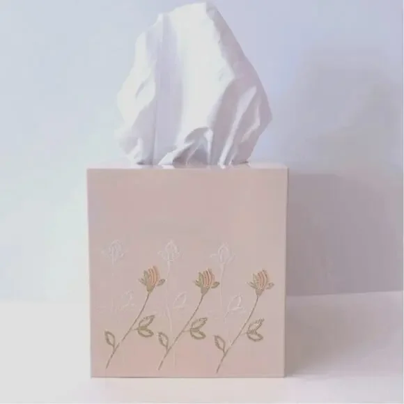 Vintage Plastic Tissue Box Cover Pink Peach Raised Orange White Flowers Japan 5”