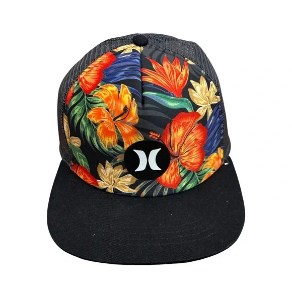 Hurley Balboa Trucker Hat Tropical Floral Snapback Black Mesh Adjustable NWOT‎