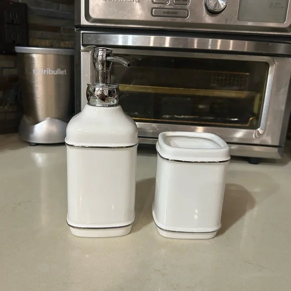White Ceramic Soap Dispenser and Container Set