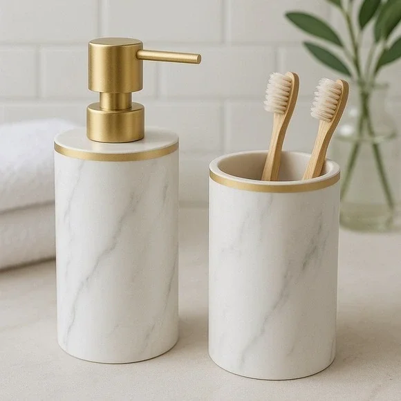 Bathroom Accessory Set Faux Marble Gold Soap Dispenser Toothbrush Holder New