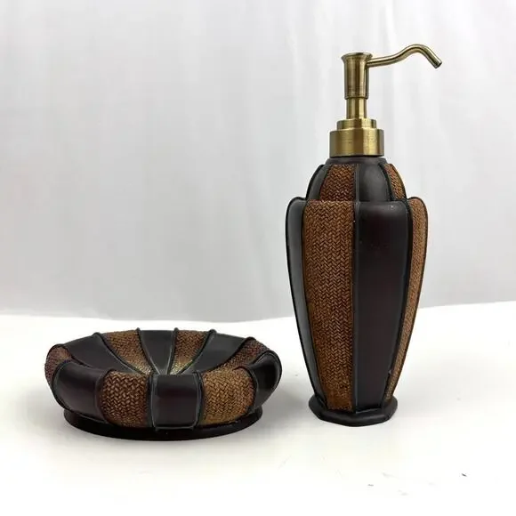 Set Bathroom Lotion Dispenser and‎ Soap Holder Black Brown Home Decor