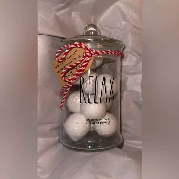 NWT Rae Dunn ‘RELAX’ 10ct Lavender Scented Bath Bombs Glass Jar w/lid 5.2oz