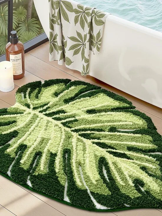 Cute Bathroom Rugs with Green Leaf Plant, Soft, Fluffy, Plush, Absorbent, Quick