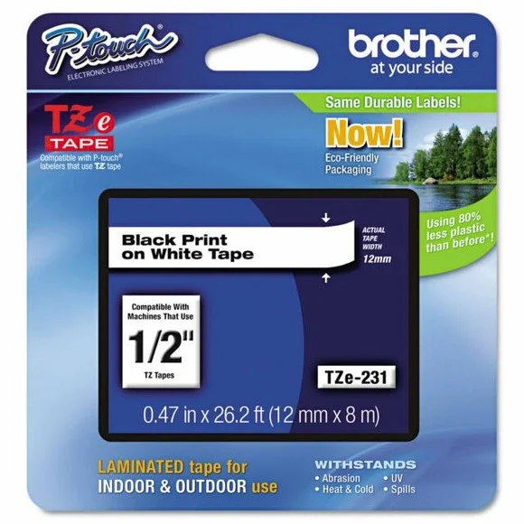 Brother TZE231 Black Print on White Laminated Tape for P-touch Label Maker