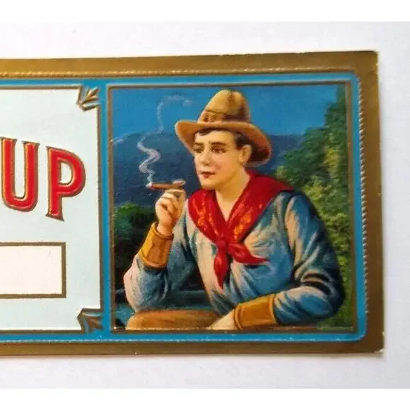 Round Up Cigar Tobacco Box Paper Label Cowboy Western Embossed Vintage Original