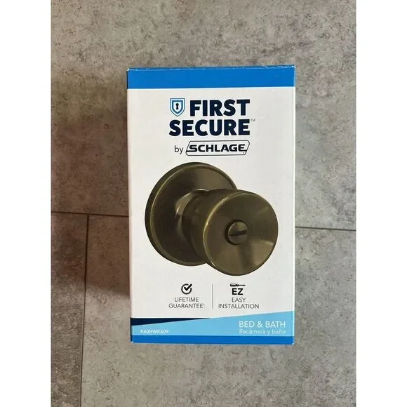 NEW Schlage First Secure Bed and‎ Bath Hawkins Antique Brass Knob
