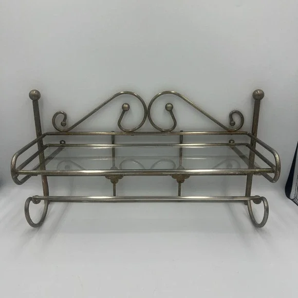 Solid Brass Vintage Bathroom Shelf & Towel Bar - Includes Glass Shelf