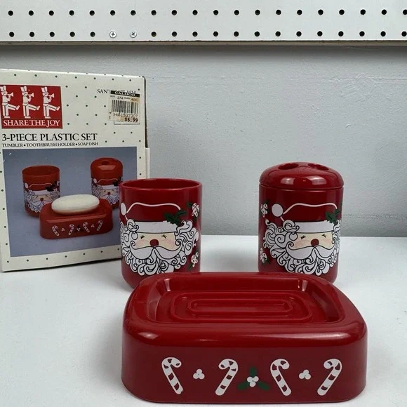 Vtg 90s Saturday Knight Ltd Santa Bathroom Set 3pc Soap‎ Dish Tumbler Holder USA