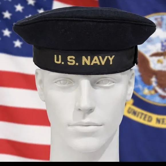 VTG WW2 WW1 US Navy Blue Wool Sailor Hat Flat Beret Cap 