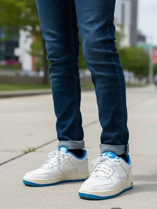 Nike Air Force 1 Low Top Sneakers White/Blue Leather Trainers size 1Y (A3)
