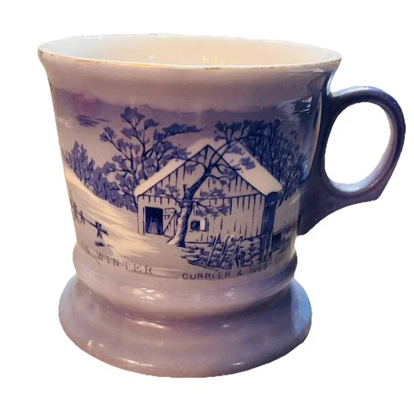 Vintage Currier & Ives Blue & White Shaving Mug Americana Farm Scene