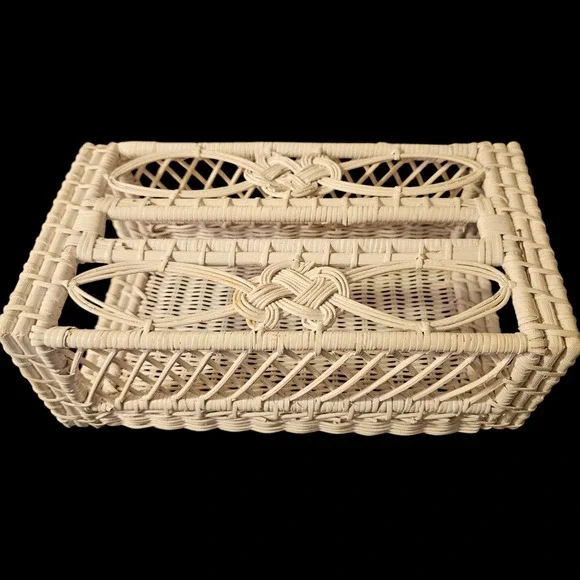 Vintage Woven White Wicker & Rattan Tissue Box Cover Rectangle Shaped