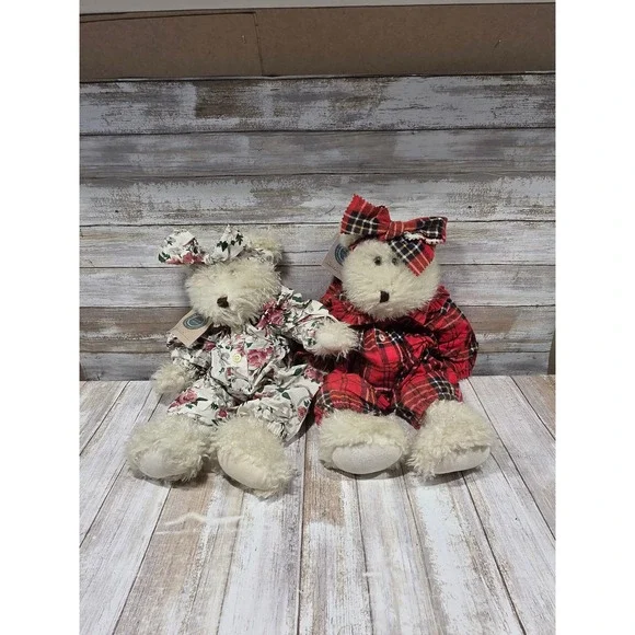 2- Boyds Bears Ophelia Plush Set Red Plaid Floral Rompers Investment 16 Inch