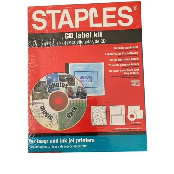 Staples CD Label Kit Laser Ink Jet, 50 CD Labels,10 Case Inserts, New, Sealed