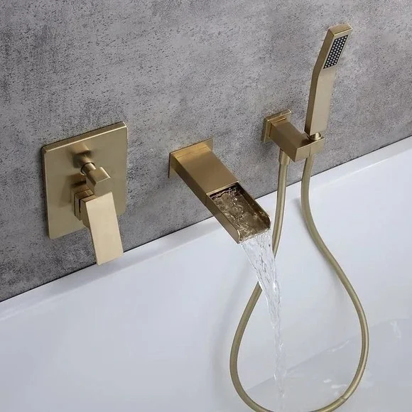 Modern Waterfall Wall-Mount‎ Solid Brass Bathtub Faucet With Handheld Shower