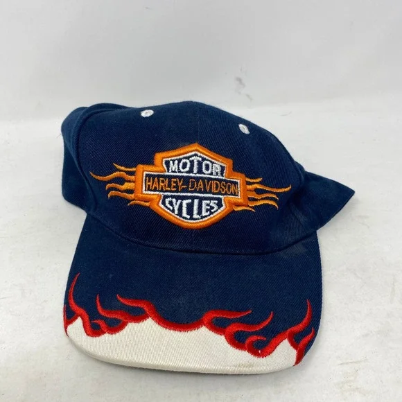 Harley-Davidson‎ Navy Blue Wool Flame Embroidered Baseball Cap Hat Adjustable