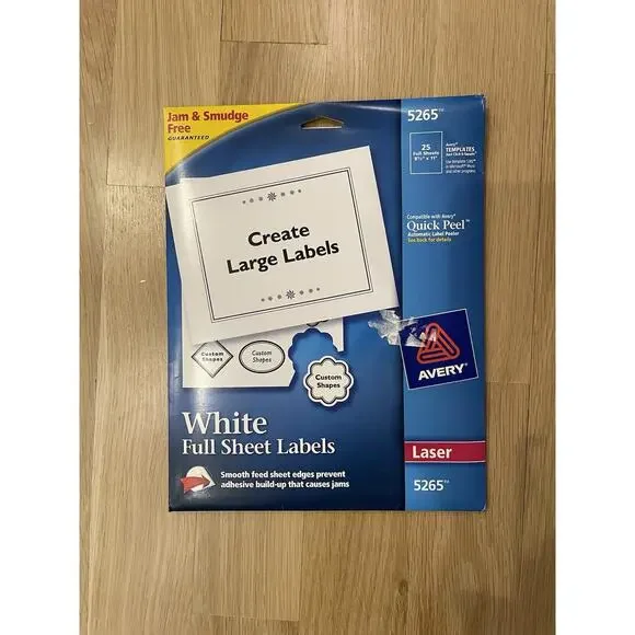 Avery Full Sheet White Labels #5265 25 Sheets 8.5”x11”