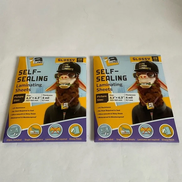 (2) Self Sealing Lamination Sheets 4.3”x 6.3” 4 Mil Thick Clear Glossy 20 Pack