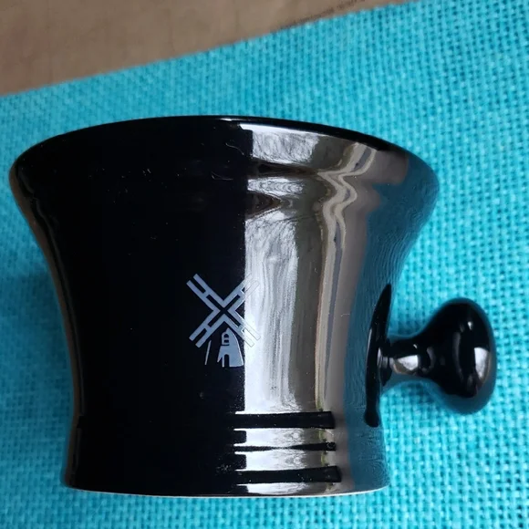 Glossy Black Shaving Mug with Windmill Design