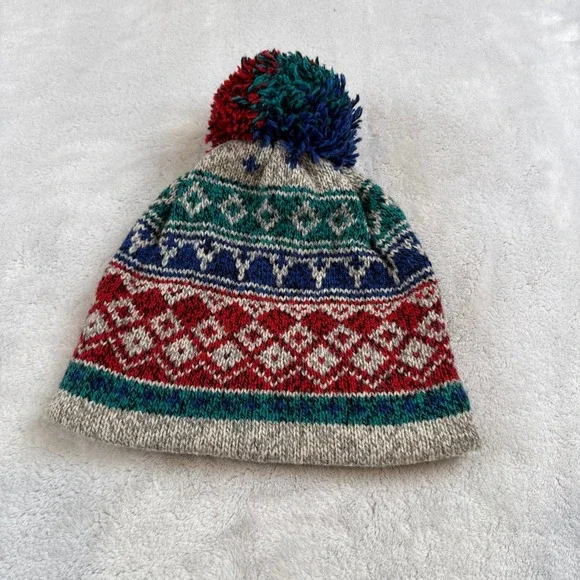 Vintage Eddie Bauer Fair Isle Wool Beanie Pom Pom Hat Red‎ Blue Grey Pure Wool