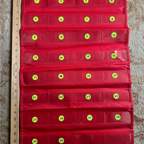 Red Organizer with Numbered Pockets 25”x16” total 32 pockets