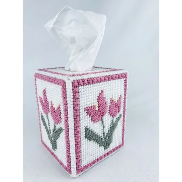 Vintage Knitted Stitched Crochet Pink Floral Tissue Box Cover Handmade Tulip