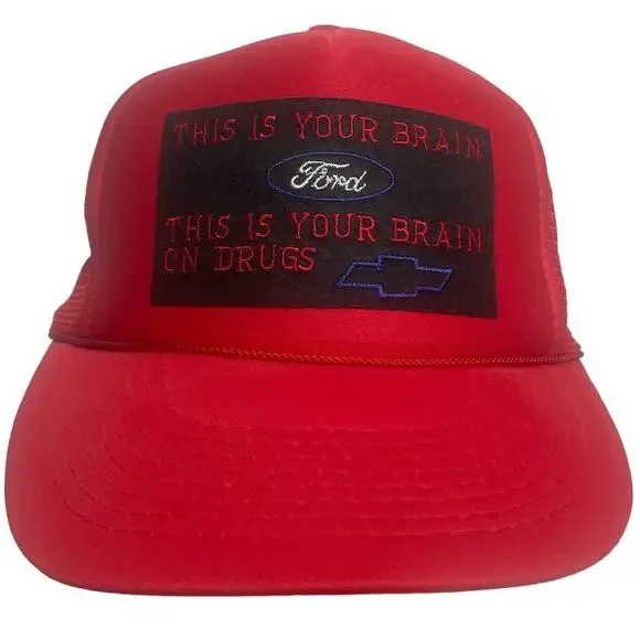 VTG SNAP-BACK HAT -THIS IS YOUR BRAIN (FORD) THIS IS YOUR BRAIN ON DRUGS (CHEVY)