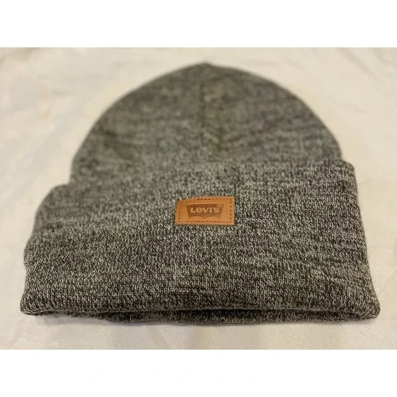 Levi's Beanie One Size Gray Faux Leather‎ Logo Patch Hat Cap