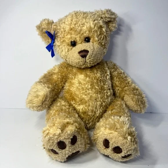 Build-A-Bear Workshop Tan Curly Shaggy Teddy Bear Blue Bow Plush 14 Inch Vintage