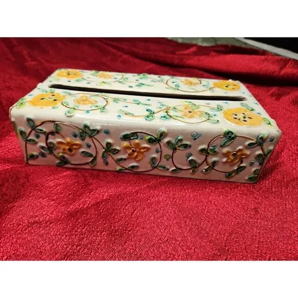 Vintage Italy‎ MAJOLICA Tissue Box Holder Porcelain MCM Italian HIGH RELIEF