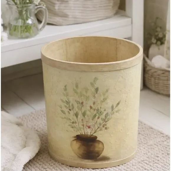 VTG Hand Painted Wooden Wastebasket Trash Can Floral Rustic Cottage Shabby Chic