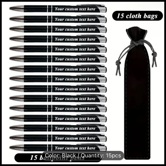 15 Custom Pens & Pouches with Drawstring Closure