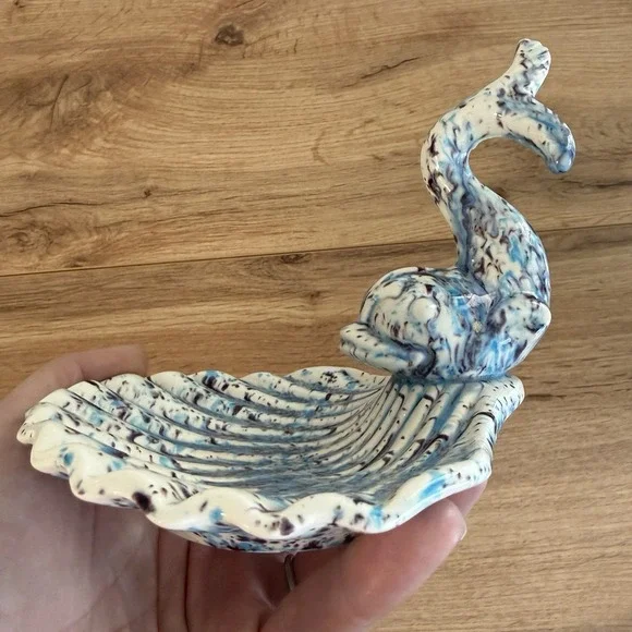 Vintage MCM Art Deco Shell Trinket Soap Dish Fish Koi Blue Holland Mold 1970s