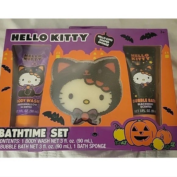 NEW HELLO KITTY BATH TIME SET HALLOWEEN BODY WASH BUBBLE BATH SPONGE HOLIDAY