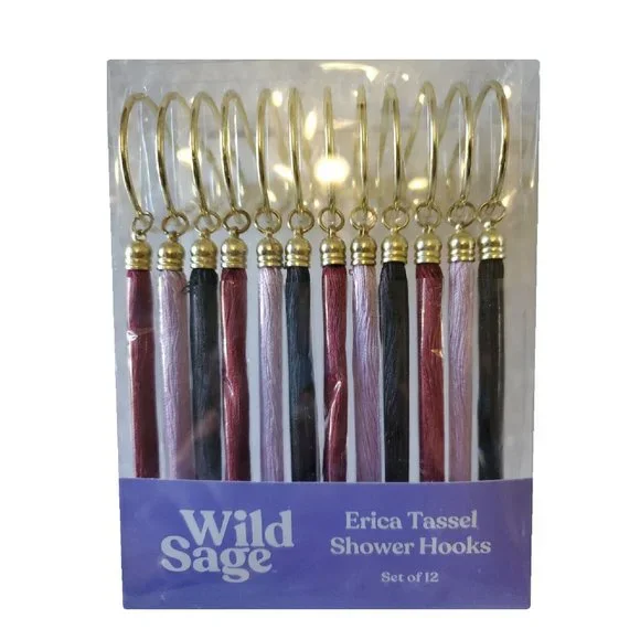 12-pc Wild Sage ERIKA Tassels Goldtone Shower Curtain Hooks in Pink Navy Wine