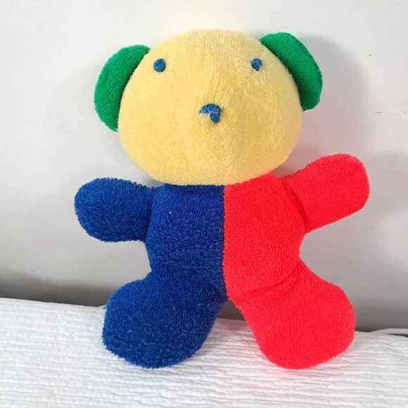 Vintage Eden Teddy Bear Plush Baby Rattle‎ Toy Primary Colorblock Terry cloth