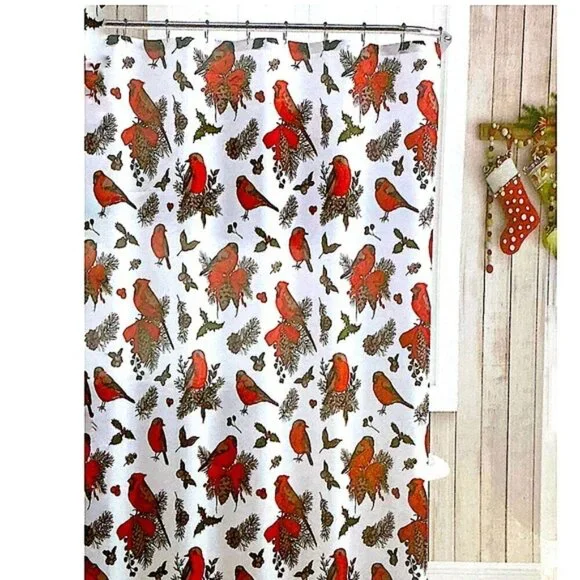Christmas Cardinals Birds Winter Holiday Fabric Shower Curtain White Red 70 x 72