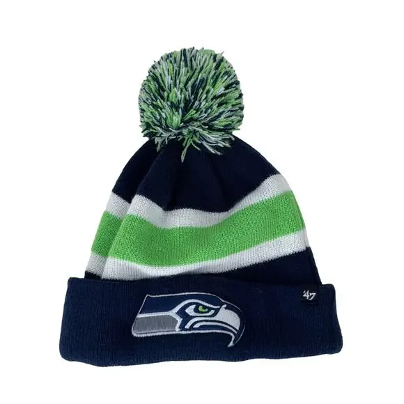 '47‎ Brand NFL Seattle Seahawks Pom Beanie Cuffed Knit Hat Green Blue Mens OS