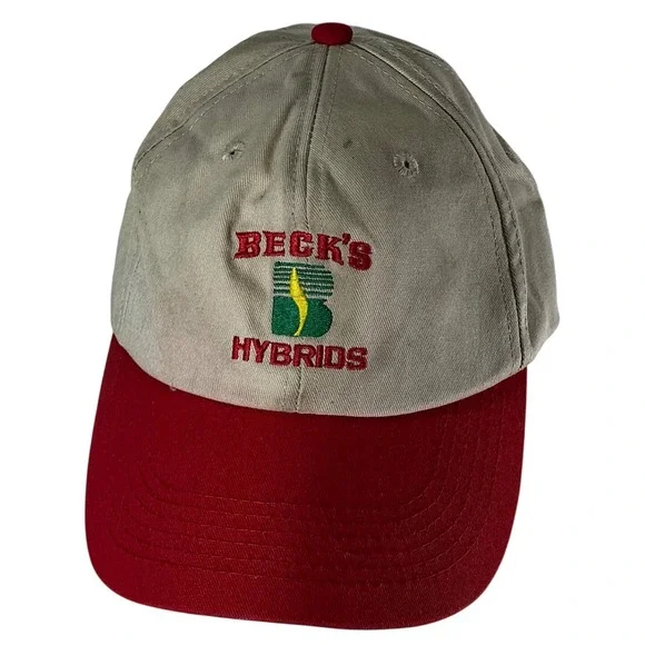 Becks Hybrids Hat Cap Beige Red Adjustable Snapback‎ Baseball Farmer
