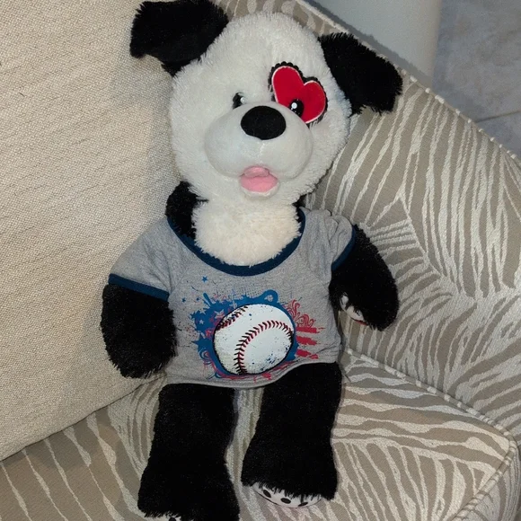 Build-A-Bear Black and White Plush Dog with Heart Eye and Baseball Shirt