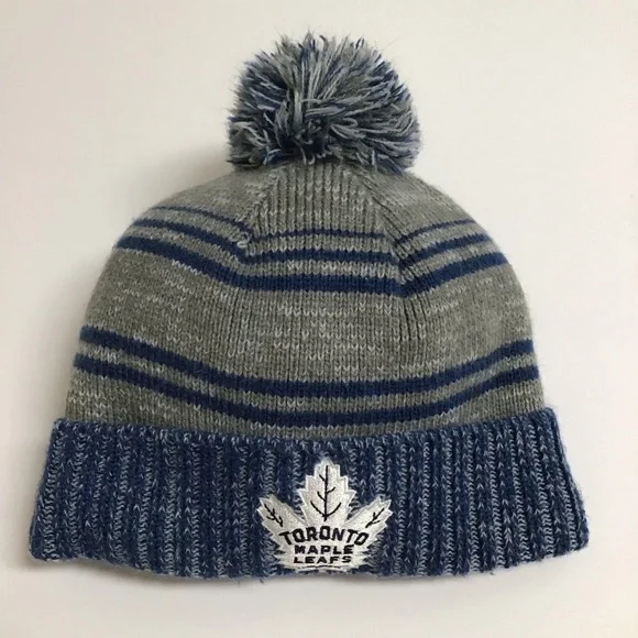 Toronto Maple Leafs NHL Hockey Gray Blue Knit Pom Beanie Skater Hat Fleece Lined