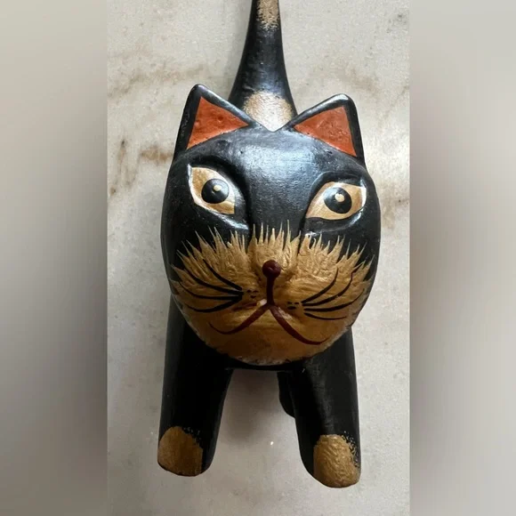 VTG Hand Carved Wooden Black Cat Figurine Folk Art Hand Painted Spotted Kitty