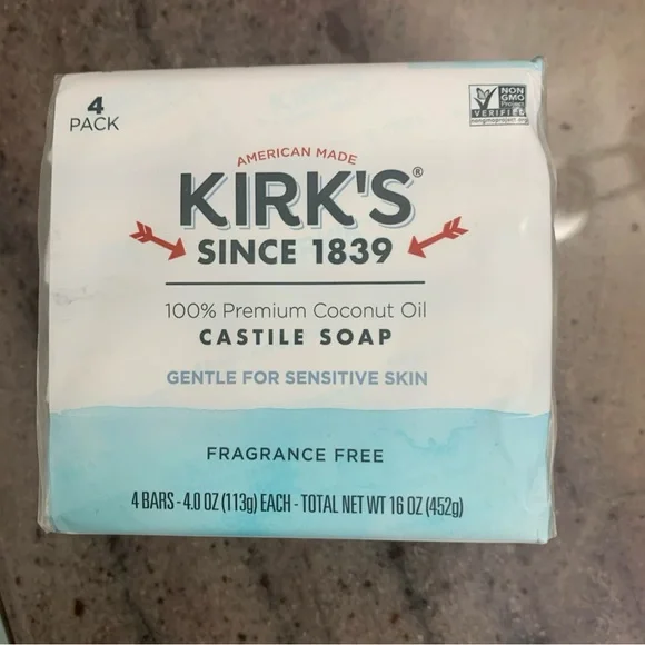 Kirk's 100% Premium Coconut Oil Gentle Castile Soap, 4 oz Bars, 4-Pack (16 oz)