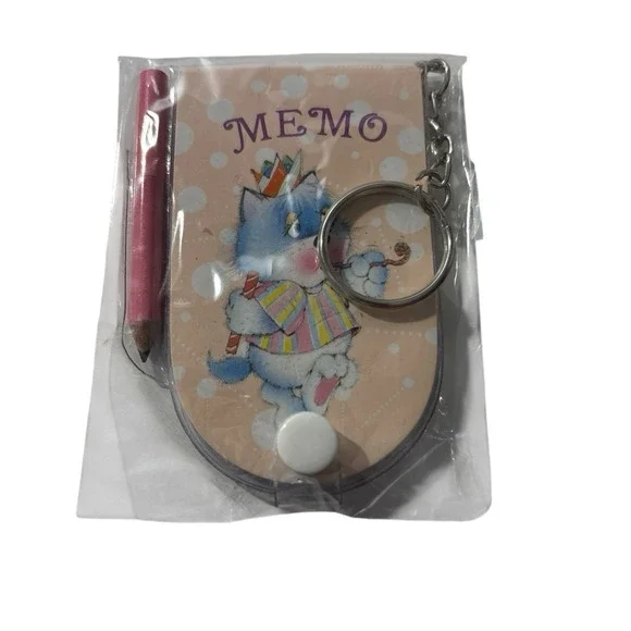 1990s Memo Pad Keychain Keyring Birthday Cat‎ Notebook w/ Pencil By Gold Tiger