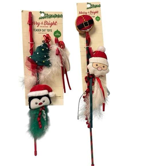 Lot Of 2 Merry Bright‎ Catnip Cat Toys Fuzzy Feather Plush Bells Teaser Sticks