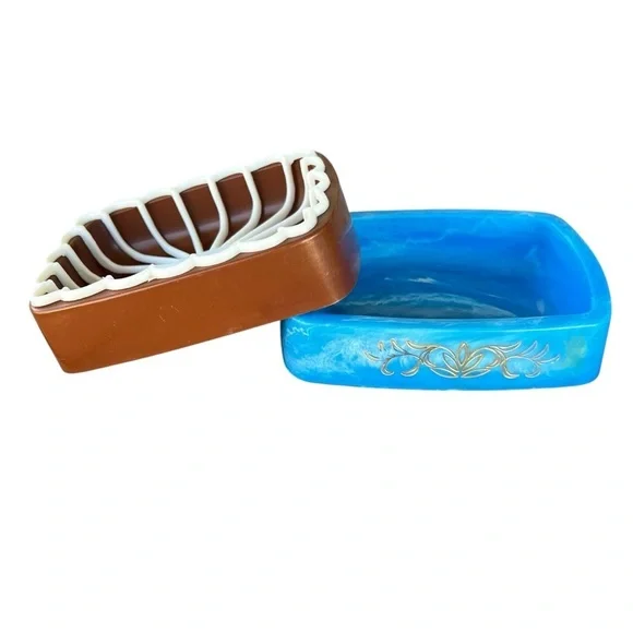Vintage Soap Dish Set with Removable Insert Retro Blue Marble Brown Hong Kong