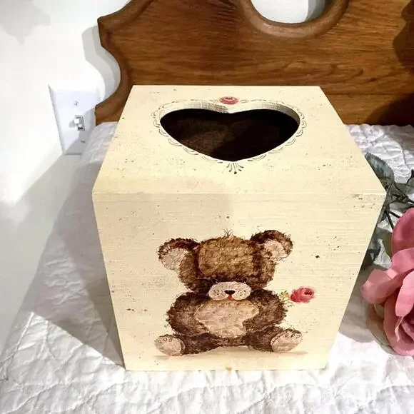 Vintage Hand Painted Wooden Tissue Box Teddy Bear & Rose Heart Cottage Country